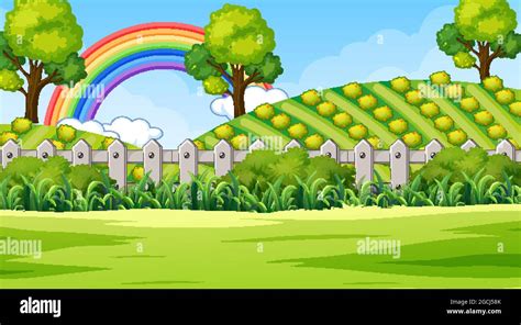 Nature park scene background with rainbow in the sky illustration Stock Vector Image & Art - Alamy