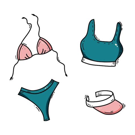 Conjunto de elementos de verano de doodle de traje de baño y gorra para mujer bikini dibujado a