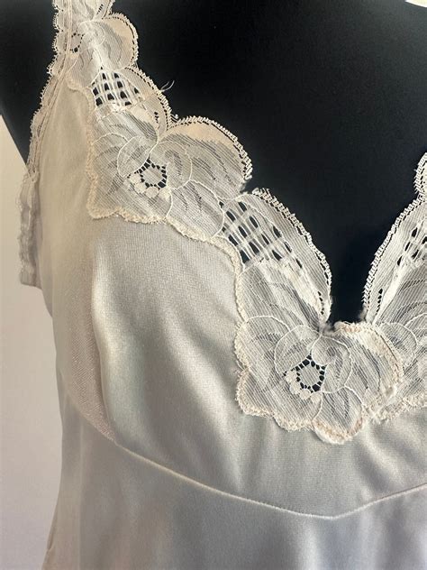 S Soviet Vintage Full Slip Negligee Milk White Nylon Lace Lingerie
