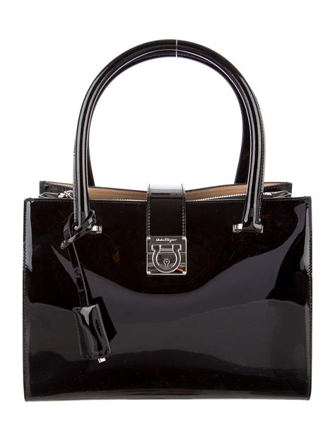 Salvatore Ferragamo Patent Leather Small Gancio Lock Tote Black