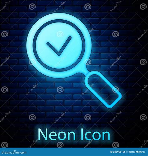 Glowing Neon Magnifying Glass With Check Mark Icon Isolated On Brick Wall Background Search