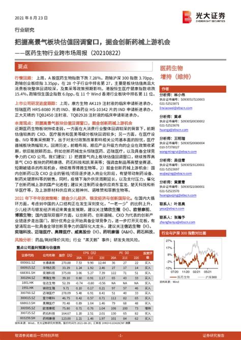 医药生物行业跨市场周报：把握高景气板块估值回调窗口，掘金创新药械上游机会