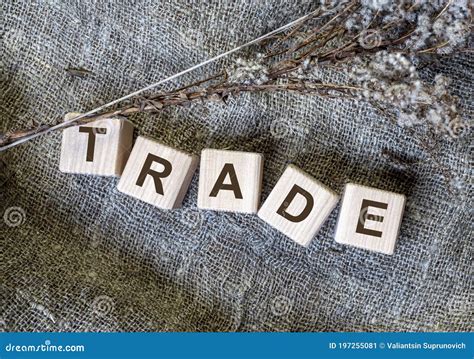 Trade Word On Wooden Cube Blocks On Linen Natural Cloth Stock Image