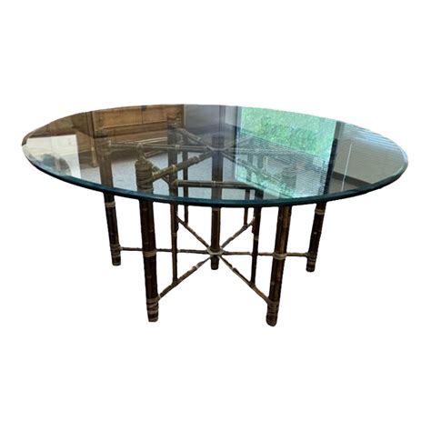 Late 20th Century Mcguire Baker Round Glass Top Faux Bamboo Base Dining Table With Thick Glass