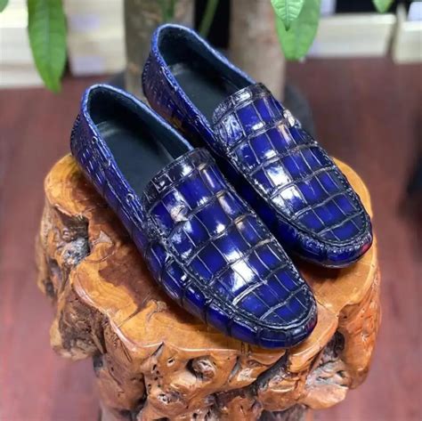 Sipriks Luxury Real Crocodile Skin Loafers Mens Comfort Driving Shoes Navy Blue Smoking Shoes