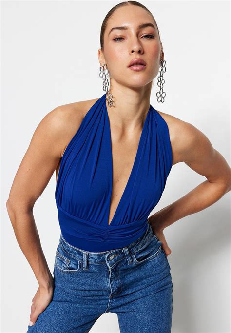 V Neck Backless Bodysuit Blue Trendyol T Shirts Vests And Camis