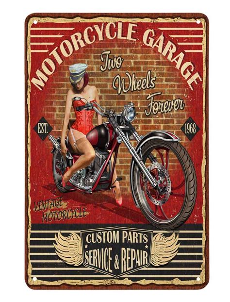 Aoyego Pin Up Girl Motorcycle Tin Sign Motor Garage Red Black Vintage