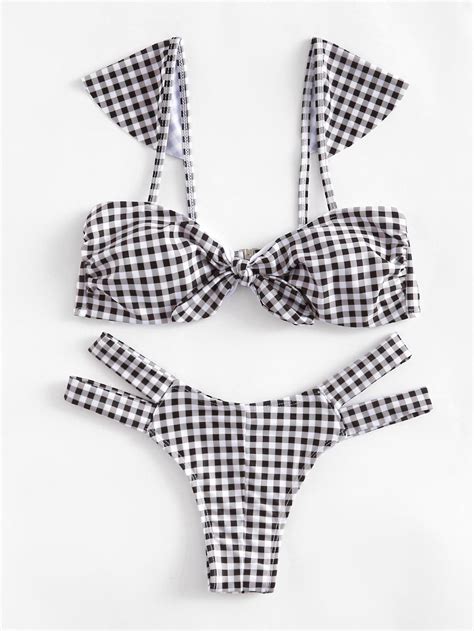 Knot Front Gingham Bikini Set Shein Sheinside