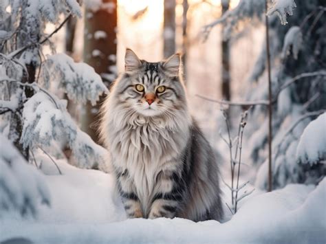 Foto De Un Gato Siberiano Caminando En Un Bosque Nevado Foto Premium