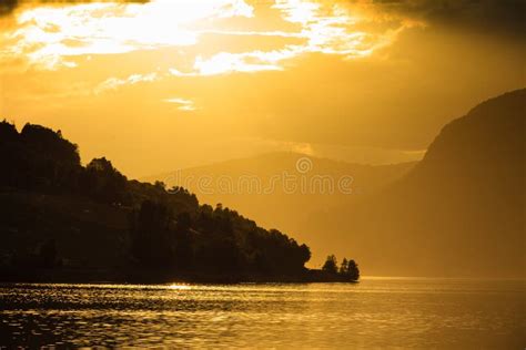 Red Sunset Over Sea Fjord Norway Stock Image Image Of Skyline Dark