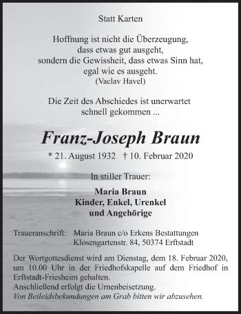 Traueranzeigen Von Franz Joseph Braun Wirtrauern