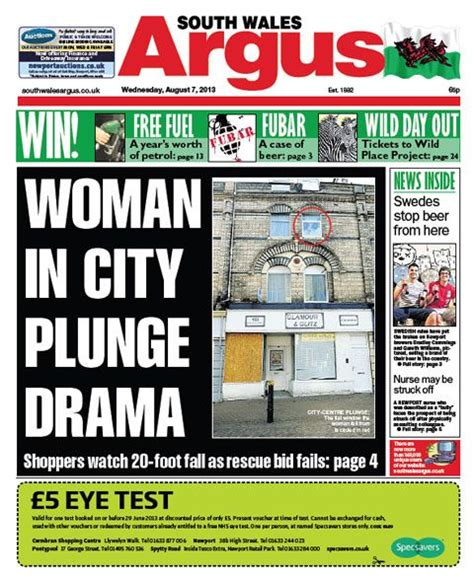 South Wales Argus Front Page Woman Falls Ft On To Newport