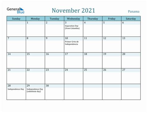 November 2021 Monthly Calendar With Panama Holidays