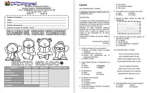 Examen Del Sexto Grado Del Tercer Trimestre O Final Ciclo Escolar 2018