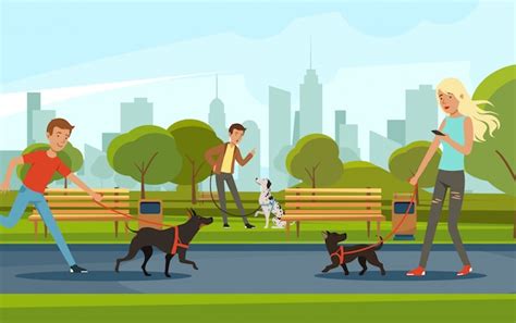 Gente Paseando Con Perros En El Parque Urbano Vector Paisaje En Estilo