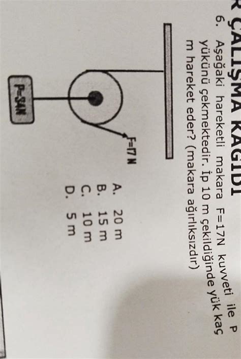 Aşağaki hareketli makara F 17N kuvveti ile P yükünü çekmektedir İp 10