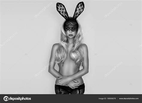 Beautiful Sexy Naked Woman Halloween Easter Bunny Costume Black Lace