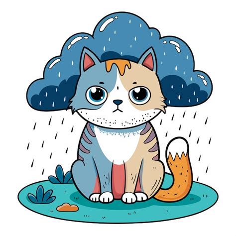 Sweet Sad Cat in Rainy Weather Cartoon Vector Design | Premium AI ...