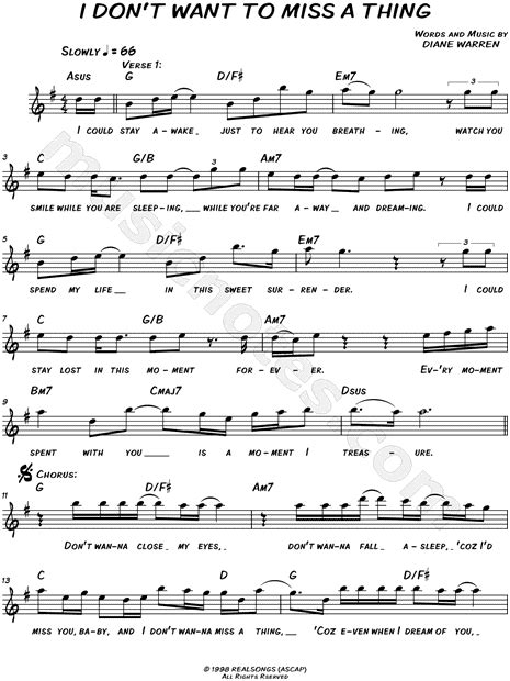 Aerosmith I Don T Want To Miss A Thing Sheet Music Leadsheet In G