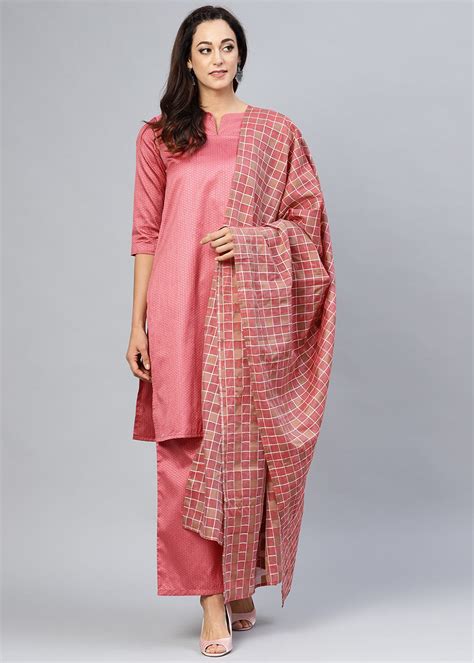 Get Monotone Self Design Kurta Palazzo With Contrast Checkered Dupatta