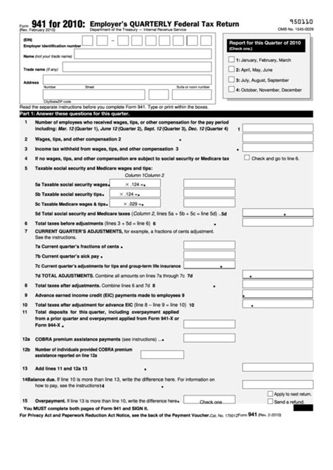 Fillable Form 941 Employers Quarterly Federal Tax Return 2010