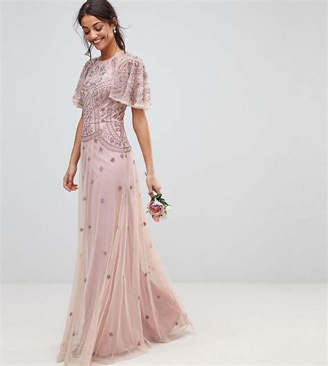 Asos Tall Wedding Iridescent Delicate Beaded Flutter Sleeve Maxi Dress