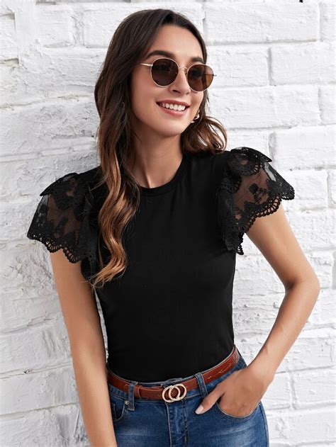 Shein Clasi Embroidery Mesh Butterfly Sleeve Form Fitted Top Shein Usa