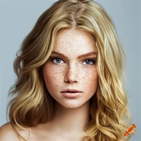 Beautiful Young Woman Shoulder Length Blonde Hair Very Light Freckles