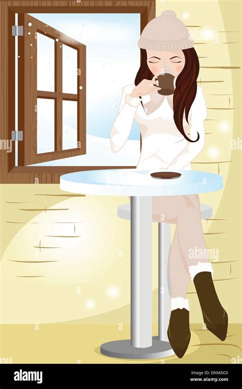 A Vector Illustration Of A Girl Drinking Coffee In A Cafe Stock Vector