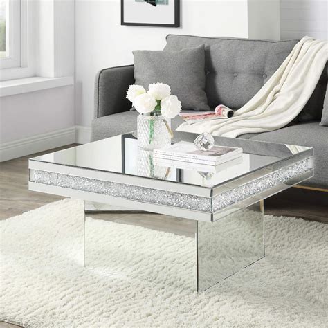 Coffee Table Mirrored with Crystal Inlay Surface, Square Silver Accent ...