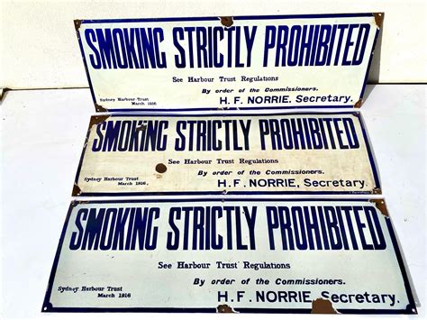 Lot Three Enamel Steel Signs Smoking Strictly Prohibited Ex Sydney