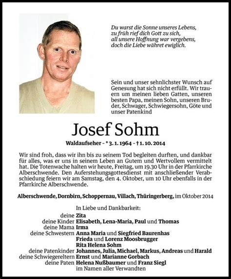 Todesanzeigen Von Josef Sohm Todesanzeigen Vorarlberger Nachrichten