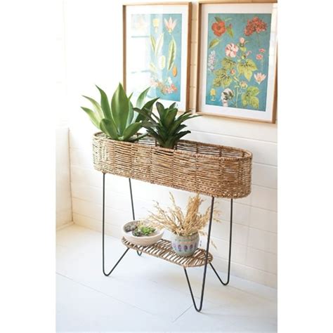 Unique Large Oval Seagrass Plant Stand With Shelf Iron Planters Planter Pots Indoor Planter