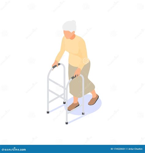 An Elderly Woman Moves Leaning On A Walker Stock Vector Illustration