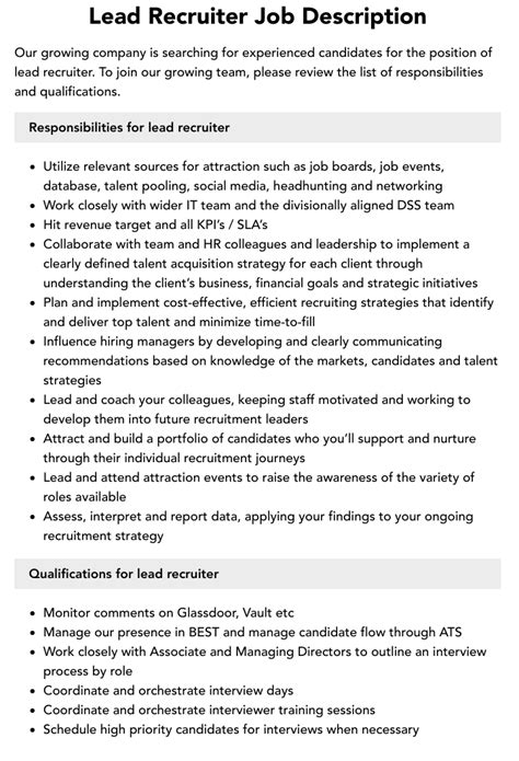 Lead Recruiter Job Description Velvet Jobs