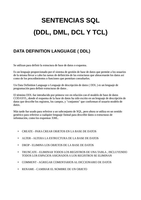 Ddl Dml Dcl Tcl Archivo Sentencias Sql Ddl Dml Dcl Y Tcl Data