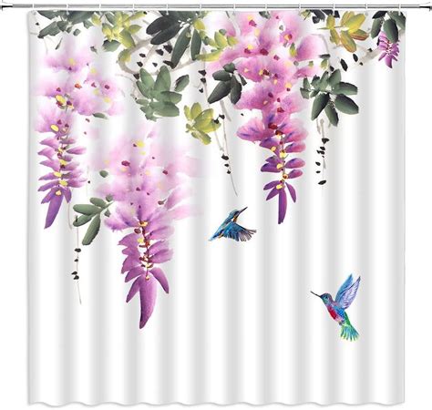 Joocar Flower Hummingbird Shower Curtain Floral Bird Purple Wisteria