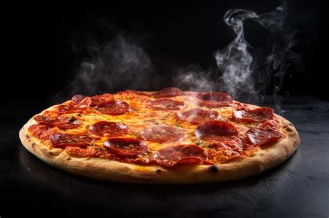 Pizza De Pepperoni Con Humo Saliendo De Ella Sobre Un Fondo Negro