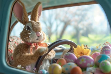 Premium Photo Cute Bunny Driving Car Full Of Easter Eggs Funny Rabbit