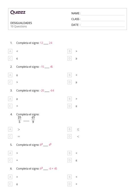 Desigualdades De Un Paso Hojas De Trabajo Para Grado En Quizizz