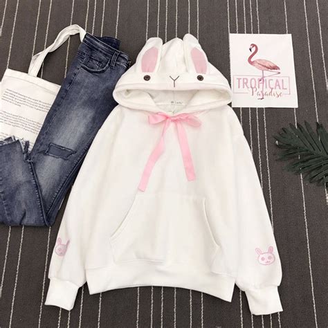 A Cute Bunny Hoodie Long Sleeve Rabbit Hoodie Lovely Female Etsy