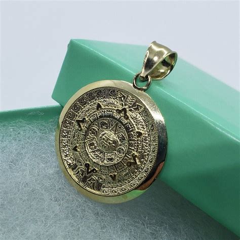 14k Solid Yellow Gold Aztec Mayan Sun Calendar Pendant