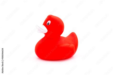 Red Rubber Bath Duck With Isolated On White Background Stock Photo