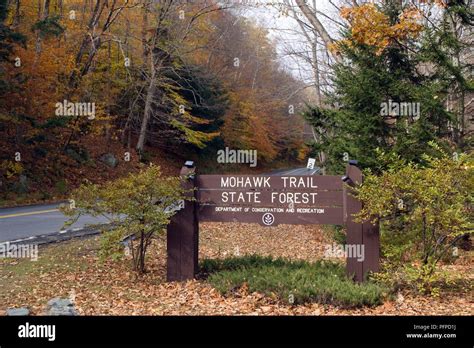 Usa Massachusetts Mohawk Trail State Forest Sign By Roadside Stock