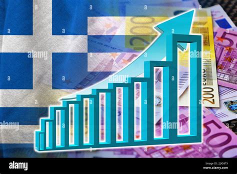 Economy Graph Rising Arrow Cash Euro Banknotes And Greece Flag Money