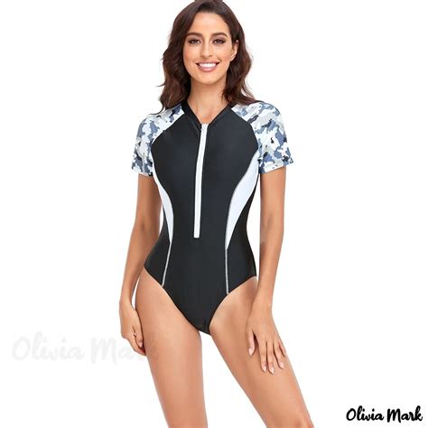 Olivia Mark One Piece Swimsuit With Printed Short Sleeves Zipper