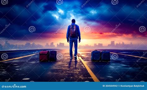 Man With Backpack And Suitcases Walking Down The Road At Sunset