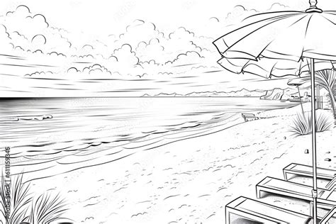 Seaside With Umbrellas And Sun Loungers On The Beach сartoon Style Character In Black And White