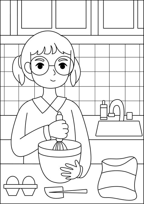 Girl Cooking Coloring Page Activity For Kids 3481942 Vector Art At Vecteezy