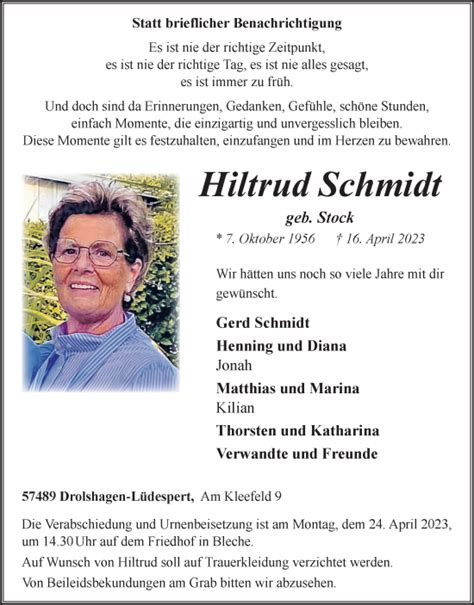 Traueranzeigen Von Hiltrud Schmidt Trauer In Nrw De